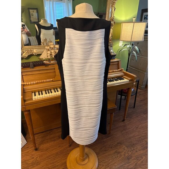 Calvin Klein Black & White Sleeveless Sheath Dress With Wavy Textured Front - Picture 3 of 7